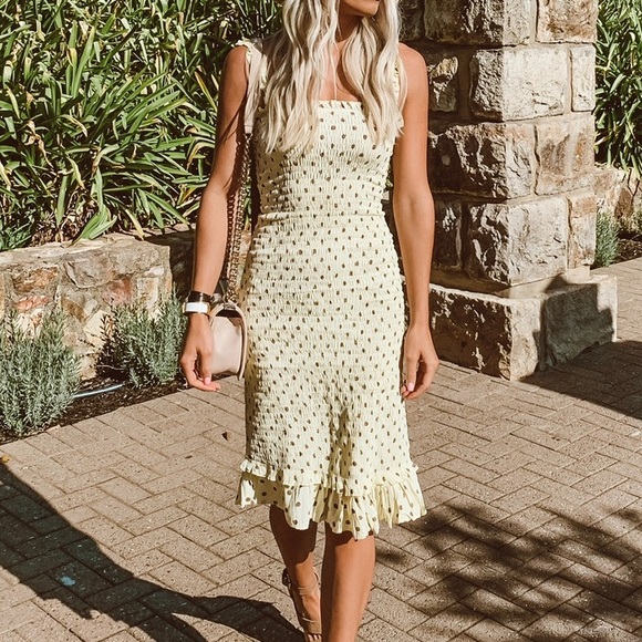 Faithfull the Brand Yellow Polka Dot MIDI Dress - Picture 2 of 8